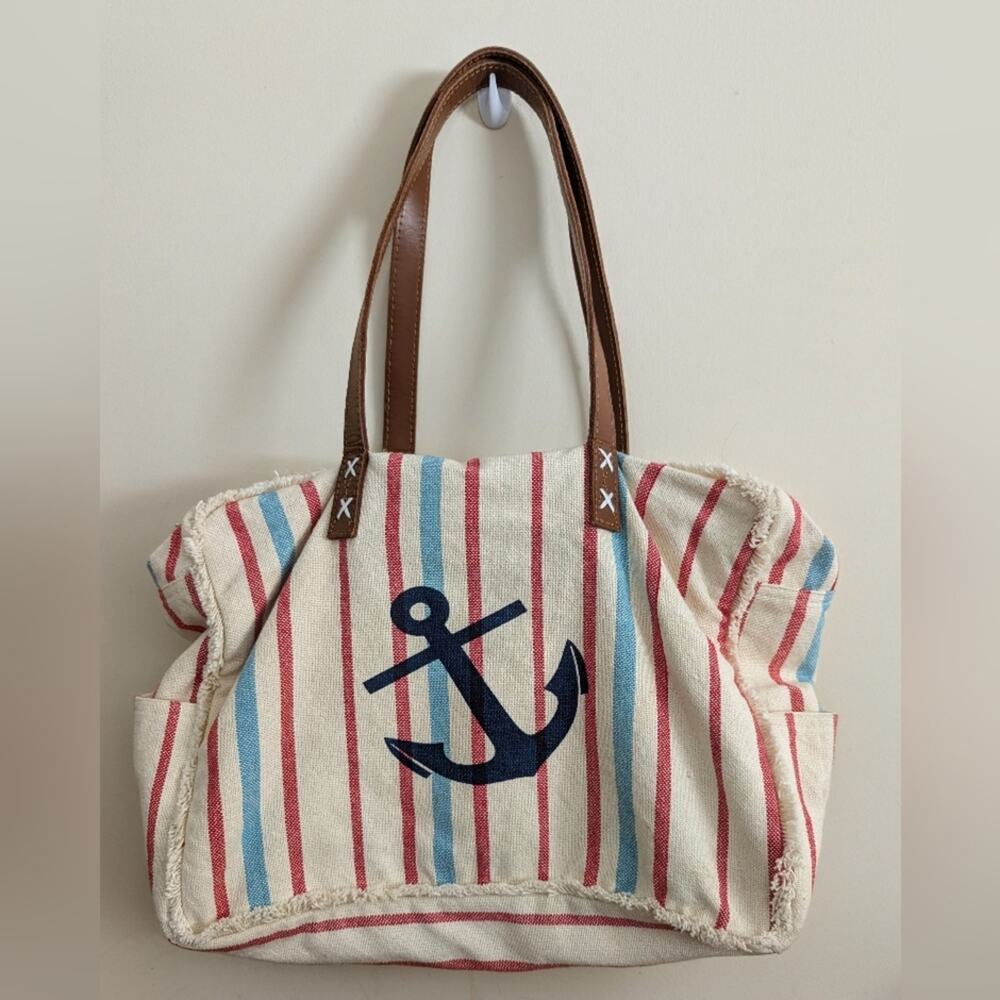 We People Nautical Anchor Canvas Tote Beach Bag Red Blue Stripe